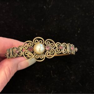Hobe Brass, Pearl, Pink Stone Bracelet Vintage